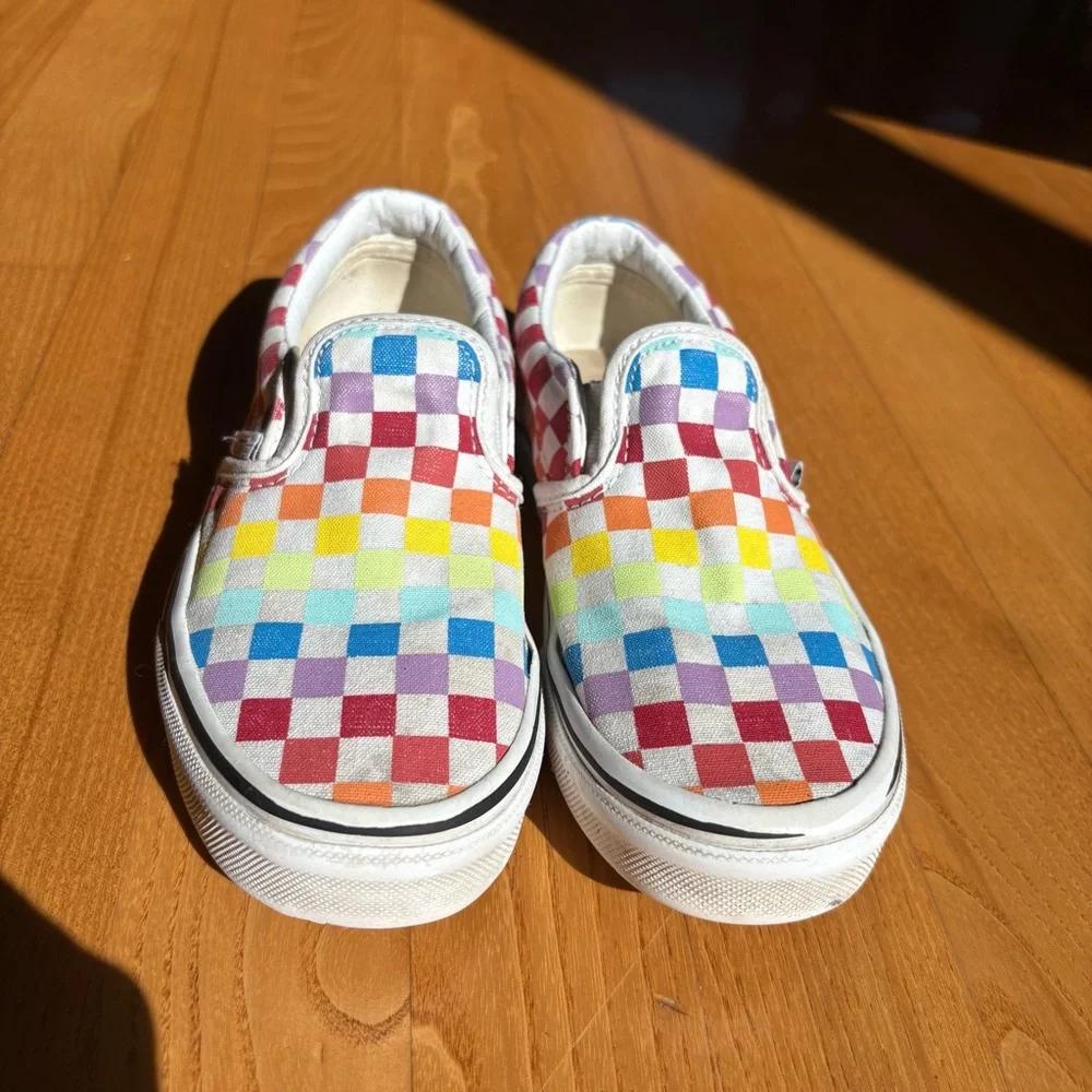 Vans Checkerboard Shoes sneakers Rainbow Colorful Classic Slip-On boys Yth Sz 2